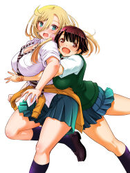  2girls aqua_skirt black_socks blonde_hair blue_eyes blush breast_pocket breasts brown_eyes brown_footwear brown_hair cardigan cardigan_around_waist cleavage clothes_around_waist commentary_request feet_out_of_frame glomp green_sweater_vest hair_ornament hair_scrunchie highres hug hug_from_behind kuzuryuu_hanako large_breasts leg_up loafers log looking_at_viewer multiple_girls necktie official_art open_mouth orange_cardigan pink_scrunchie pleated_skirt pocket school_uniform scrunchie shirt shoes short_hair short_sleeves simple_background skirt smile socks sogabe_toshinori striped_necktie sweater_vest white_background white_shirt yankee_jk_kuzuhana-chan 