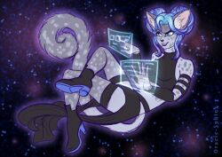  anthro blue_hair clothed clothing cyberpunk deity felid feline female footwear fur hacking hair magic mammal markings oracle_sphinx shoes solo spots spotted_body spotted_fur tail 