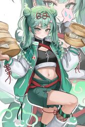  absurdres baozi blush closed_mouth commentary crop_top double_bun earrings female fishnets food food-themed_hair_ornament green_hair green_jacket green_shorts hair_bun hair_ornament hatsune_miku highres hoangryu holding jacket jewelry leg_ribbon leg_up long_hair long_sleeves midriff navel oerba_yun_fang open_clothes open_jacket ribbon shorts skin_fang socks solo spoken_sweatdrop sweatdrop thigh_ribbon vocaloid white_background white_socks x_hair_ornament 