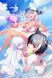  6+girls :d ^_^ ahoge alva_(snack_nili) animal_ears ass barefoot baseball_cap bikini black_hair breasts butt_crack cleavage closed_eyes cloud cybill_(snack_nili) dark-skinned_female dark_skin demon_tail double_bun eating flat_chest food frilled_bikini frills green_eyes grin hair_bun hair_spread_out hashtag-only_commentary hat head_wings hizuki_rurufu holding holding_ice_cream_cone ice_cream ice_cream_cone innertube large_breasts long_hair looking_back low_ponytail mole mole_under_eye multicolored_hair multiple_girls name_tag navel nilitsu o_o one-piece_swimsuit open_mouth orange_hair pink_hair pointy_ears purple_hair red_eyes sakuma_lovey school_swimsuit short_hair side-tie_bikini_bottom sideboob sky smile snack_nili streaked_hair swim_ring swimsuit tail tao_shan teeth throwing_person tongue tongue_out tor_(snack_nili) upper_teeth_only v valiana_s_tinegarnet very_long_hair virtual_youtuber wading water white_bikini white_hair white_one-piece_swimsuit wings wolf_ears wolf_girl wolf_tail 