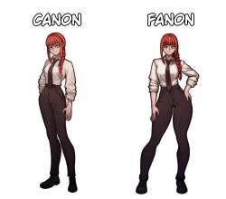  absurdres black_necktie black_pants braid braided_ponytail breasts canon_vs_fanon_(meme) chainsaw_man collared_shirt comparison contrapposto english_commentary english_text female formal high-waist_pants highres long_hair long_sleeves looking_at_viewer makima_(chainsaw_man) medium_breasts medium_hair meme necktie pants red_hair redteneri ringed_eyes shirt sidelocks simple_background sleeves_rolled_up smile solo standing white_shirt yellow_eyes 