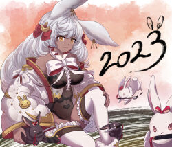  2023 animal_ears bare_shoulders boots bow center_frills collar covered_navel dark-skinned_female dark_skin earrings female frilled_collar frilled_thighhighs frills fur-trimmed_boots fur_trim granblue_fantasy highres jacket jewelry leotard long_hair makura_(granblue_fantasy) off_shoulder orange_eyes rabbit rabbit_ears rabbit_girl rabbit_tail sakuds see-through see-through_leotard solo tail thighhighs very_long_hair white_hair 