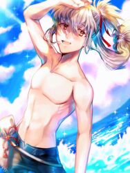  1boy fire_emblem fire_emblem_fates fire_emblem_heroes grey_hair hair_ribbon long_hair looking_at_viewer male_focus male_swimwear open_mouth ponytail red_ribbon ribbon rw0719_ra smile solo swim_trunks swimsuit takumi_(fire_emblem) takumi_(summer)_(fire_emblem) topless_male 