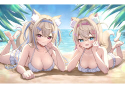  2girls :3 absurdres alternate_costume animal_ear_fluff animal_ears bare_arms bare_legs bare_shoulders barefoot beach bikini bikini_skirt blonde_hair blue_eyes breasts cleavage closed_mouth day dog_ears dog_girl dog_tail frilled_bikini frills fuwawa_abyssgard hair_ornament hairband hairclip halterneck hands_up highres hololive hololive_english large_breasts legs_up long_hair looking_at_viewer lying mococo_abyssgard multicolored_hair multiple_girls on_stomach open_mouth outdoors red_eyes sakuraume short_hair small_breasts smile streaked_hair string_bikini swimsuit tail the_pose thighs two_side_up virtual_youtuber water wet white_bikini 