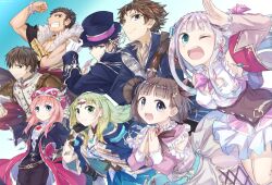  4boys 4girls :d ;d arm_up atelier_(series) atelier_lulua black_dress black_hair black_hat blonde_hair blue_coat blue_eyes blunt_bangs bow breasts brown_eyes brown_hair christoph_aurel_arland circlet cleavage coat commentary_request dress elmerulia_fryxell eva_armster everyone ficus_finis flexing gloves green_eyes grey_hair grin hand_on_own_arm hands_up hat jacket karasumi_(aiseec) long_hair long_sleeves looking_at_viewer multiple_boys multiple_girls nicodemus_david_dieter one_eye_closed open_mouth own_hands_together piana_(atelier) pink_bow profile rorolina_frixell short_hair smile standing sterkenburg_cranach top_hat white_gloves white_jacket 