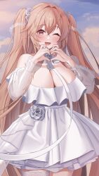  anchorage_(azur_lane) anchorage_(oath_of_sunsets_and_fireworks)_(azur_lane) azur_lane blue_sky blush breasts brown_hair cleavage cloud cloudy_sky commentary_request cowboy_shot dress female hair_between_eyes hair_intakes hair_ornament heart heart_hands highres large_breasts long_hair looking_at_viewer off-shoulder_dress off_shoulder official_alternate_costume one_eye_closed open_mouth red_eyes see-through see-through_sleeves sky smile solo two_side_up white_dress wynnblue 