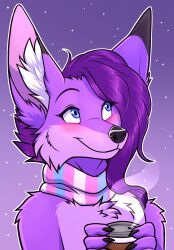  anthro beverage candy canid canine chocolate coffee cold dessert emberfox female fennec_fox food fox hi_res hot_chocolate mammal pride purple_body scarf snow solo tidehardt trans_(lore) true_fox winter 