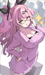  :o alternate_costume black_bra black_ribbon bra bra_peek breasts cleavage earrings female glasses green_eyes hair_ornament hair_ribbon hairclip hatoboshi heart heart_earrings highres jewelry large_breasts long_hair looking_at_viewer mole mole_on_breast mole_under_eye nail_polish nicole_demara people pink_hair pink_skirt pink_vest ribbon skirt solo_focus star_(symbol) twintails underwear vest zenless_zone_zero 