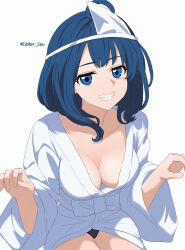  absurdres black_panties blue_eyes blue_hair blush breasts cleavage edgar_syu female ghost_costume ghost_pose highres japanese_clothes kimono large_breasts looking_at_viewer make_heroine_ga_oo_sugiru! medium_hair panties sheet_ghost simple_background sitting smile solo underwear white_background white_kimono wide_sleeves yanami_anna 