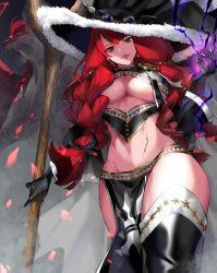  alternate_form black_gloves black_thighhighs bow braid breasts brown_eyes cape cleavage dragon embers energy fairy_tail female gloves glowing glowing_eyes hairbow hat heart heart_print highres holding holding_staff impossible_clothes irene_belserion large_breasts lips long_hair looking_at_viewer looking_down magic multiple_braids navel parted_lips pelvic_curtain red_hair revealing_clothes scar scar_on_stomach shaded_face solo staff stomach thighhighs thighs underwear usagi448 wide_sleeves witch_hat 