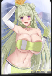  against_glass antenna_hair bandeau bare_shoulders blush breast_press breasts breasts_on_glass car cleaning cleavage female gloves goddess_of_victory:_nikke green_hair heart_antenna_hair highres holding holding_sponge huge_breasts long_hair looking_at_viewer midriff mole mole_on_breast motor_vehicle navel open_mouth purple_eyes rabbitttt race_queen smile soda_(nikke) solo sponge strapless tube_top washing washing_vehicle windshield yellow_sponge 