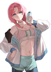  absurdres arknights bare_shoulders blue_eyes blue_poison_(arknights) blue_poison_(shoal_beat)_(arknights) braid breasts choker cleavage closed_mouth commentary_request cowboy_shot female green_shorts highres holding jacket leggings leggings_under_shorts long_hair long_sleeves looking_at_viewer low_twin_braids medium_breasts midriff navel off_shoulder official_alternate_costume official_alternate_hairstyle open_clothes open_jacket pink_choker pink_hair pink_sports_bra plaid_sports_bra puffy_long_sleeves puffy_sleeves puranetto_(vjun4748) shorts simple_background smile solo sports_bra stomach tumbler twin_braids white_background white_jacket 