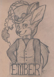  absurd_res alternative_fashion anthro canid canine clothing emberfox eyewear eyewear_on_head fennec_fox fox gear goggles goggles_on_head graphite_(artwork) hat headgear headwear hi_res male mammal pencil_(artwork) solo steampunk tidehardt top_hat topwear traditional_media_(artwork) true_fox vest 