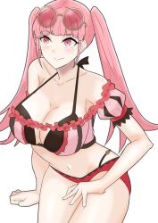  bikini braid breasts crown_braid eyewear_on_head female fire_emblem fire_emblem:_three_houses fire_emblem_heroes highres hilda_valentine_goneril hilda_valentine_goneril_(summer) large_breasts maplesugar7324 official_alternate_costume pink-tinted_eyewear pink_bikini pink_eyes striped_bikini striped_clothes sunglasses swimsuit tinted_eyewear vertical-striped_bikini vertical-striped_clothes 