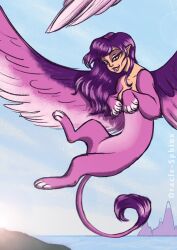  claws covered_breasts eyeliner feathered_wings feathers felid feline female feral fur hair humanoid_pointy_ears lipstick makeup mammal mythological_creature mythological_sphinx mythology oracle_sphinx paws pink_body pink_fur purple_hair solo tail tail_tuft tuft wings 