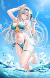  absurdres alternate_costume ankle_wrap aqua_bikini arm_up bikini bird black_hairband blue_sky blurry blush bokeh breasts cleavage closed_mouth commentary_request day depth_of_field female firefly_(honkai:_star_rail) food grey_hair hair_between_eyes hair_ornament hairband has_bad_revision has_downscaled_revision highleg highleg_bikini highres holding holding_food holding_popsicle honkai:_star_rail honkai_(series) large_breasts long_hair looking_at_viewer md5_mismatch navel ocean one_side_up paid_reward_available partial_commentary popsicle purple_eyes resolution_mismatch seagull shallow_water single_bare_arm single_bare_shoulder skindentation sky smile solo source_smaller standing standing_on_one_leg stardust_(chen&#039;ai_weiding) stomach sunlight swimsuit thigh_strap thighs transparent_innertube water wrist_wrap 