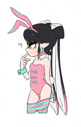  ? alternate_costume animal_ear_hairband animal_ears bare_shoulders black_hair blue_pantyhose blue_wrist_cuffs bow-shaped_hair breasts callie_(splatoon) cleavage clothes_pull collar commentary_request coula_cat cropped_legs cross-shaped_pupils detached_collar earrings fake_animal_ears fake_tail female gradient_hair hairband inkling jewelry leotard long_hair mole mole_under_eye multicolored_hair pantyhose pantyhose_pull pink_hair pink_hairband pink_leotard pink_pantyhose pointy_ears profile rabbit_ears rabbit_tail sidelocks simple_background solo splatoon_(series) strapless strapless_leotard striped_clothes striped_leotard striped_pantyhose symbol-shaped_pupils tail tentacle_hair thick_eyebrows twintails two-tone_hair white_background white_collar wrist_cuffs yellow_eyes 