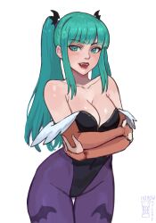  absurdres animal_print aqua_eyes bat_print breasts cleavage darkstalkers fangs highres leotard morrigan_aensland off-shoulder_leotard pantyhose print_pantyhose purple_pantyhose purple_wings red_pupils sidelocks smile twintails watcher_hollow wings 