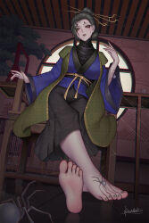  barefoot black_hair black_myth:_wukong breasts bug chair chinese_clothes chinese_commentary crossed_ankles facial_mark feet female foot_focus forehead_mark fourth_sister_(black_myth:_wukong) grey_nails hair_ornament hair_stick highres large_breasts long_hair looking_at_viewer nail_polish runny_makeup silk sitting skirt soles solo spider spider_web toenail_polish toenails toes variant_set xiumu_bianzhou yellow_eyes 