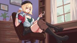  animated animated aseprite_(medium) blonde_hair blue_eyes boots breasts chair character_request chest_of_drawers cigarette cleavage copyright_request crossed_legs cup curtains female high_heel_boots high_heels holding holding_cigarette holding_cup indoors pixel_art plant potted_plant short_hair sitting smoking solo thighhighs window yumykon 