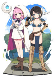  :o absurdres alternate_costume armor armored_boots belt bikini_armor black_bow black_bowtie black_hair black_thighhighs boots bow bowtie breasts brown_footwear candy_hair_ornament cloak commentary_request dress food-themed_hair_ornament gauntlets green_eyes grin hair_ornament hand_on_own_hip heterochromia highres himemori_luna holding holding_staff holding_sword holding_weapon hololive hood hooded_cloak long_sleeves looking_at_viewer medium_breasts navel nyasunyadoora oozora_subaru over_shoulder pelvic_curtain pink_hair pouch purple_eyes revealing_clothes short_dress short_hair shoulder_pads smile staff standing sword thighhighs weapon weapon_over_shoulder white_background white_cloak white_dress 