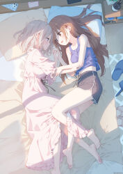  2girls :d absurdres bare_arms bare_legs bare_shoulders barefoot bed bedroom black_ribbon black_shorts blonde_hair blue_eyes blue_tank_top blush brown_eyes brown_hair collar day dolphin_shorts dress frilled_collar frilled_dress frills from_above full_body hand_up happy head_on_pillow highres holding_hands indoors kani_biimu leg_between_thighs long_dress long_hair looking_at_another lying medium_hair midriff multiple_girls navel non-web_source on_bed on_side original pillow pink_dress ribbon short_shorts shorts sleeveless smile straight_hair tank_top unworn_footwear yuri 