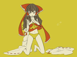  artist_request ascot barefoot bow brown_hair covering_own_mouth cropped_shirt detached_sleeves feet female flat_color frilled_bow frilled_shirt_collar frills full_body hairbow hakurei_reimu kneeling limited_palette long_hair looking_to_the_side navel no_pants panties partially_undressed red_bow red_ribbon red_shirt ribbon ribbon-trimmed_sleeves ribbon_trim shirt solo third-party_source toes touhou underwear unworn_sleeves yellow_ascot 