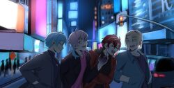  4boys alternate_costume black_hoodie black_skin blonde_hair blue_eyes blue_hair car city city_lights closed_eyes colored_extremities colored_skin commentary earrings from_side gavis_bettel gradient_skin grey_hair grin hair_between_eyes hands_in_pockets happy_tears heterochromia highres holostars holostars_english hood hoodie jacket jewelry king_of_lo$ers laughing looking_at_another machina_x_flayon magni_dezmond male_focus medium_hair motor_vehicle multicolored_hair multiple_boys multiple_rings necklace night open_clothes open_jacket open_mouth outdoors pink_eyes pink_hair red_hair regis_altare ring shirt short_hair smile stud_earrings sweater tears teeth traffic_light turtleneck turtleneck_sweater upper_body virtual_youtuber yellow_eyes 