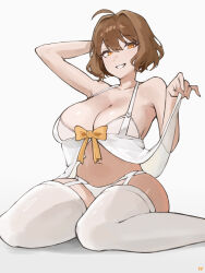  ahoge anis_(nikke) arm_behind_head arm_up armpit_crease artist_name babydoll babydoll_lift bare_arms bare_shoulders bow breasts brown_hair cleavage closed_mouth collarbone commentary_request female foot_out_of_frame fukuya_art garter_belt goddess_of_victory:_nikke grey_background grin hair_between_eyes hair_intakes hand_up highres large_breasts lifting_own_clothes lingerie looking_at_viewer navel orange_bow orange_eyes panties parted_lips see-through short_hair simple_background sitting smile solo stomach thighhighs thighs underwear underwear_only wariza white_babydoll white_panties white_thighhighs 