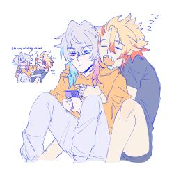  2boys absurdres axel_syrios between_legs blonde_hair blue_eyes blue_hair blush braid chibi closed_eyes commentary drooling english_text eyelashes gavis_bettel grey_hair hair_between_eyes heterochromia highres holding holding_phone holostars holostars_english hood hoodie hug hug_from_behind knees_up looking_at_phone male_focus medium_hair multicolored_hair multiple_boys open_mouth phone pink_eyes pink_hair red_hair sharp_teeth short_hair side_braid sitting streaked_hair teeth virtual_youtuber white_background yaoi yellow_hoodie zzz 