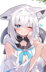  1other ;3 absurdres animal_ear_fluff animal_ears aqua_eyes blue_neckerchief blush braid breasts cleavage closed_mouth commentary_request deaver detached_sleeves ears_down female fox_ears fox_girl fox_tail green_eyes hand_on_another&#039;s_cheek hand_on_another&#039;s_face highres holding_another&#039;s_arm hololive hood hood_down large_breasts looking_at_viewer neckerchief one_eye_closed open_mouth pentagram shirakami_fubuki shirakami_fubuki_(1st_costume) shirt simple_background single_braid solo_focus tail virtual_youtuber white_background white_hair white_shirt 