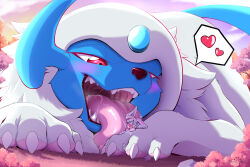  2024 4_toes absol ambiguous_feral ambiguous_gender black_nose blue_body blue_fur blue_horn blue_tail blush bodily_fluids canid claws cloud colored day detailed_background detailed_mouth digital_media_(artwork) duo extreme_size_difference fangs feet feral floppy_ears fluffy forehead_gem forest front_view fur gaping_mouth gem generation_3_pokemon glistening glistening_tongue grass hair hair_over_eye half-closed_eyes heart_symbol hi_res horn lagomorph larger_ambiguous larger_feral leporid licking licking_another looking_at_another lying macro mammal monotone_tail multicolored_body multicolored_fur multicolored_hair narrowed_eyes neck_tuft nintendo on_front open_mouth outside pawpads paws pictographics pink_body pink_ears pink_fur pink_hair pink_pawpads pink_tongue plant pokemon pokemon_(species) pupils quadruped rabbit red_eyes restrained s2-freak saliva saliva_string shaded size_difference sky smaller_ambiguous speech_bubble surprised_expression tail teeth toe_claws toes tongue tongue_out tree tuft two_tone_body two_tone_fur two_tone_hair white_body white_claws white_fur white_hair 