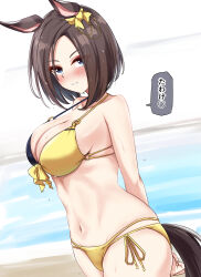  absurdres air_groove_(umamusume) animal_ears black_hair blurry blurry_background blush breasts cleavage collarbone commentary_request female gryebooks highres horse_ears horse_girl looking_at_viewer medium_hair navel pool solo swimsuit translation_request umamusume 