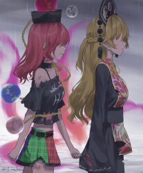  2girls artist_name bare_shoulders belt black_belt black_choker black_dress black_hat black_shirt blonde_hair blue_skirt braid breasts chains chinese_clothes choker closed_mouth clothes_writing cloud cloudy_sky collarbone crescent crescent_print dress earth_(ornament) earth_(planet) energy fingernails frills gold_chain green_skirt grey_sky hair_over_eyes hat heart heart_print hecatia_lapislazuli highres junko_(touhou) long_hair long_sleeves mandarin_collar medium_breasts medium_hair midriff moon_(ornament) multicolored_clothes multicolored_skirt multiple_girls navel neck_ribbon ocean off-shoulder_shirt off_shoulder otomeza_ryuseigun outdoors phoenix_crown phoenix_print plaid_clothes plaid_skirt planet pom_pom_(clothes) rain red_hair red_skirt red_tabard ribbon sad shirt short_sleeves skirt sky standing t-shirt tabard tassel teeth torn_clothes torn_dress torn_shirt torn_skirt touhou underworld_(ornament) wide_sleeves yellow_ribbon 