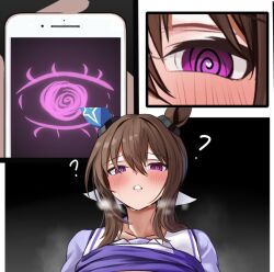  ? admire_vega_(umamusume) brown_hair dush_1154 ear_covers holding holding_phone horse_girl hypnosis looking_at_viewer low_ponytail mind_control phone purple_eyes single_ear_cover umamusume 