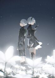  1boy 2b_(nier:automata) 9s_(nier:automata) back-to-back black_dress black_gloves black_hairband black_jacket black_shorts blue_eyes boots breasts clothing_cutout commentary_request dress feather-trimmed_sleeves feather_trim female flower gloves hairband highres jacket juliet_sleeves large_breasts long_sleeves nier:automata nier_(series) no_blindfold puffy_sleeves shikan shorts standing thigh_boots white_hair 