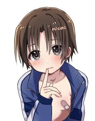  1boy androgynous bandaid bandaids_on_nipples blue_jacket blush brown_eyes brown_hair closed_mouth collarbone cosplay curtained_hair finger_to_mouth index_finger_raised jacket little_busters! long_sleeves looking_at_viewer male_with_breasts micchi_(koto_maple) naoe_riki open_clothes open_jacket otoko_no_ko otori-tan otori-tan_(cosplay) parted_hair pasties raised_eyebrows seitokai_nimo_anawa_aru! short_hair shushing signature simple_background solo track_jacket upper_body variant_set white_background zipper 