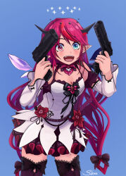  :d artist_name asymmetrical_wings blue_background blue_eyes commentary cowboy_shot crystal_wings daniel_radcliffe_holding_two_guns_(meme) detached_sleeves detached_wings double_halo dress dress_flower dual_wielding english_commentary fangs female finger_on_trigger flower gun halo handgun hands_up heterochromia highres holding holding_gun holding_weapon hololive hololive_english horns irys_(hololive) irys_(irys_2.0)_(hololive) long_hair long_pointy_ears looking_at_viewer meme mismatched_wings multicolored_hair photo-referenced pointy_ears purple_hair purple_thighhighs red_hair sidonie simple_background smile solo standing star_halo thighhighs very_long_hair virtual_youtuber weapon white_background white_dress wide-eyed wings 