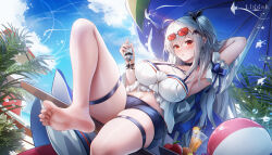  arknights arm_up armpits bare_shoulders barefoot black_choker breasts choker eyewear_on_head female grey_hair hair_between_eyes highres large_breasts ling_dianxia long_hair looking_at_viewer navel off-shoulder_shirt off_shoulder official_alternate_costume red_eyes shirt shorts skadi_(arknights) skadi_(waverider)_(arknights) solo sunglasses thigh_strap very_long_hair white_hair white_shirt 