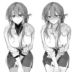  blue_archive blush breasts cleavage collared_shirt female female_sensei_(blue_archive) genderswap_(ftm) greyscale highres id_card monochrome nutella_1231 pencil_skirt rule_63 sensei_(blue_archive) shirt simple_background skirt sleeves_rolled_up solo sweat white_background 