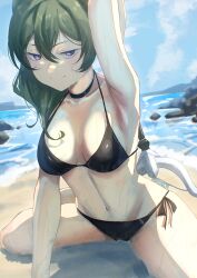  absurdres arm_up armpits bare_shoulders beach bikini black_bikini black_choker blue_sky blurry breasts choker cleavage closed_mouth cloud collarbone day female green_hair groin hair_between_eyes highres large_breasts long_hair looking_at_viewer mage_staff navel ocean outdoors polearm presenting_armpit purple_eyes sand shidoni side-tie_bikini_bottom sitting sky smile solo sousou_no_frieren stomach string_bikini swimsuit thighs ubel_(sousou_no_frieren) water weapon wet 