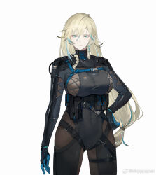  belt belt_pouch black_bodysuit blonde_hair blue_eyes blue_hair bodystocking bodysuit braid braided_bangs breasts character_request colored_tips cowboy_shot female hand_on_own_hip highres impossible_bodysuit impossible_clothes large_breasts legs_apart long_hair looking_at_viewer low-tied_long_hair multicolored_hair official_art pouch pppppan punishing:_gray_raven side_braid smile solo underbust utility_belt weibo_logo weibo_watermark white_background 