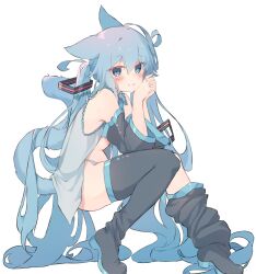  animal_ears aqua_eyes aqua_hair aqua_panties black_footwear black_sleeves boots cat_ears detached_sleeves female hatsune_miku highres looking_at_viewer nekonika_(e102k) open_clothes open_shirt own_hands_together panties smile underwear vocaloid 