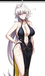  absurdres ahoge bb_dubai_(fate) bb_dubai_(fate)_(cosplay) black_choker black_dress bracelet breasts choker cosplay dress fate/grand_order fate_(series) female grey_hair highres icbm100 jeanne_d&#039;arc_alter_(fate) jewelry large_breasts long_hair looking_at_viewer o-ring sky solo twitter_username white_background yellow_eyes 