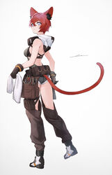  animal_ear_fluff animal_ears back backless_pants bad_id bad_pixiv_id bag brown_gloves cat_ears cat_tail closed_mouth commentary_request fantasy female gloves goggles goggles_around_neck gradient_background hair_between_eyes highres holding holding_towel hood hood_down looking_back original pants purple_eyes red_hair shokuen_(oxstl) short_hair signature solo standing tail tools towel 