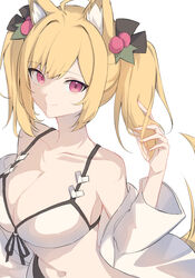  animal_ears arknights bad_id bad_pixiv_id bare_shoulders bikini black_ribbon blonde_hair breasts cleavage closed_mouth collarbone female front-tie_bikini_top front-tie_top highres jacket large_breasts long_hair long_sleeves looking_at_viewer nagute navel official_alternate_costume open_clothes open_jacket purple_eyes ribbon simple_background smile solo sora_(arknights) sora_(summer_flowers)_(arknights) swimsuit tail twintails upper_body white_background white_bikini white_jacket wolf_ears wolf_girl wolf_tail 