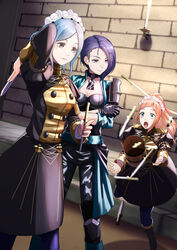  3girls alternate_costume blue_eyes blue_hair boots breasts brown_eyes choker cleavage closed_mouth commentary_request dagger felicia_(fire_emblem) fire_emblem fire_emblem:_three_houses fire_emblem_fates fire_emblem_heroes flora_(fire_emblem) garreg_mach_monastery_uniform highres holding juliet_sleeves knee_boots knife large_breasts long_hair long_sleeves maid_headdress medium_breasts multiple_girls open_mouth pantyhose pink_hair ponytail puffy_sleeves purple_eyes purple_hair shamir_nevrand siblings sisters sukkirito_(rangusan) throwing_knife tripping weapon yellow_eyes 