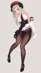  aged_up beret black_footwear black_gloves black_panties black_pantyhose blue_eyes braid breasts clothes_lift dress dress_lift female fingerless_gloves full_body girls&#039;_frontline gloves hat high_heels highres jamgom lifting_own_clothes long_hair medium_breasts mp5_(girls&#039;_frontline) panties pantyhose red_hat sleeveless sleeveless_dress smile solo standing underwear white_hair 