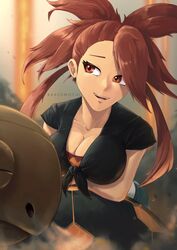  arm_support artist_name bakedmochi breasts cleavage female flannery_(pokemon) highres long_hair molten_rock pants pokemon pokemon_(creature) pokemon_(game) pokemon_oras red_eyes red_hair shirt steam tied_hair tied_shirt torkoal 