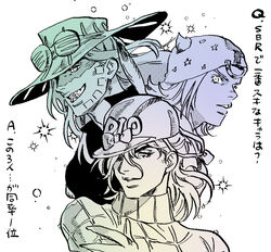  3boys argyle_clothes argyle_sweater beanie diego_brando gold_teeth gradient grills grin gyro_zeppeli hat helmet johnny_joestar jojo_no_kimyou_na_bouken male_focus monochrome multiple_boys nitako smile steel_ball_run sweater turtleneck 